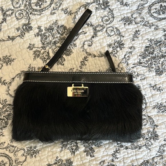 Kate Spade Faux Fur Wristlet Limited Edition. Pink interior w/ gold polka dots - Picture 2 of 9